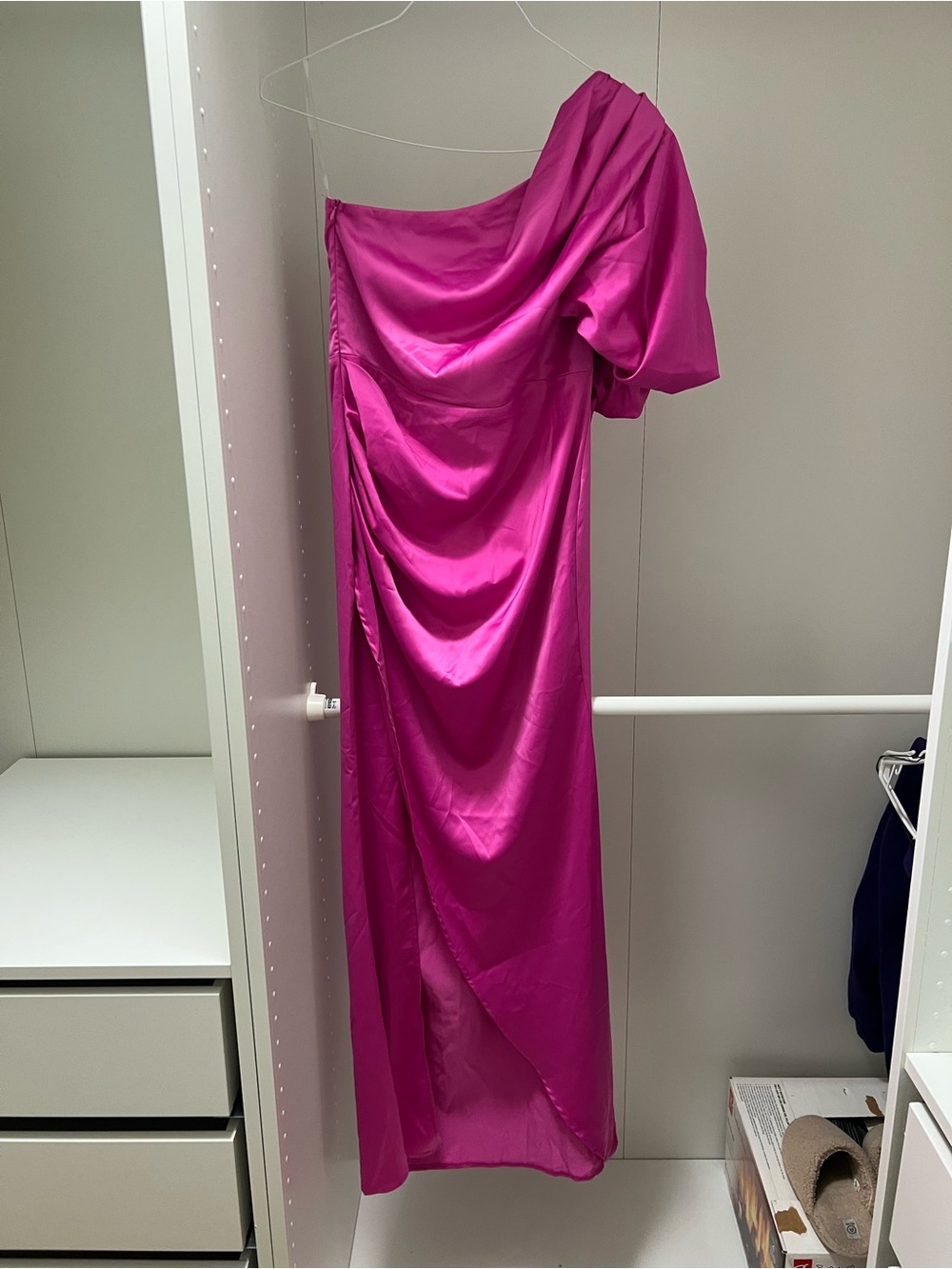 Boohoo One-Shoulder Hot Pink Draped Evening Gown - Picture 5 of 9